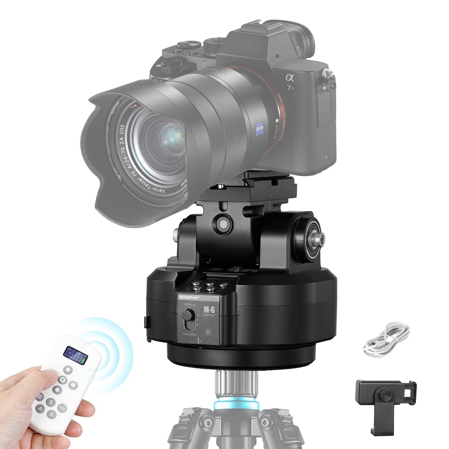 Soonpho M6 Auto Face Tracking Motorized Rotating Panoramic Tripod Head Remote Control 360 Pan Tilt Head with Mobile Phone Clip for DSLR Cameras Camcorders Smartphones Tripod-New