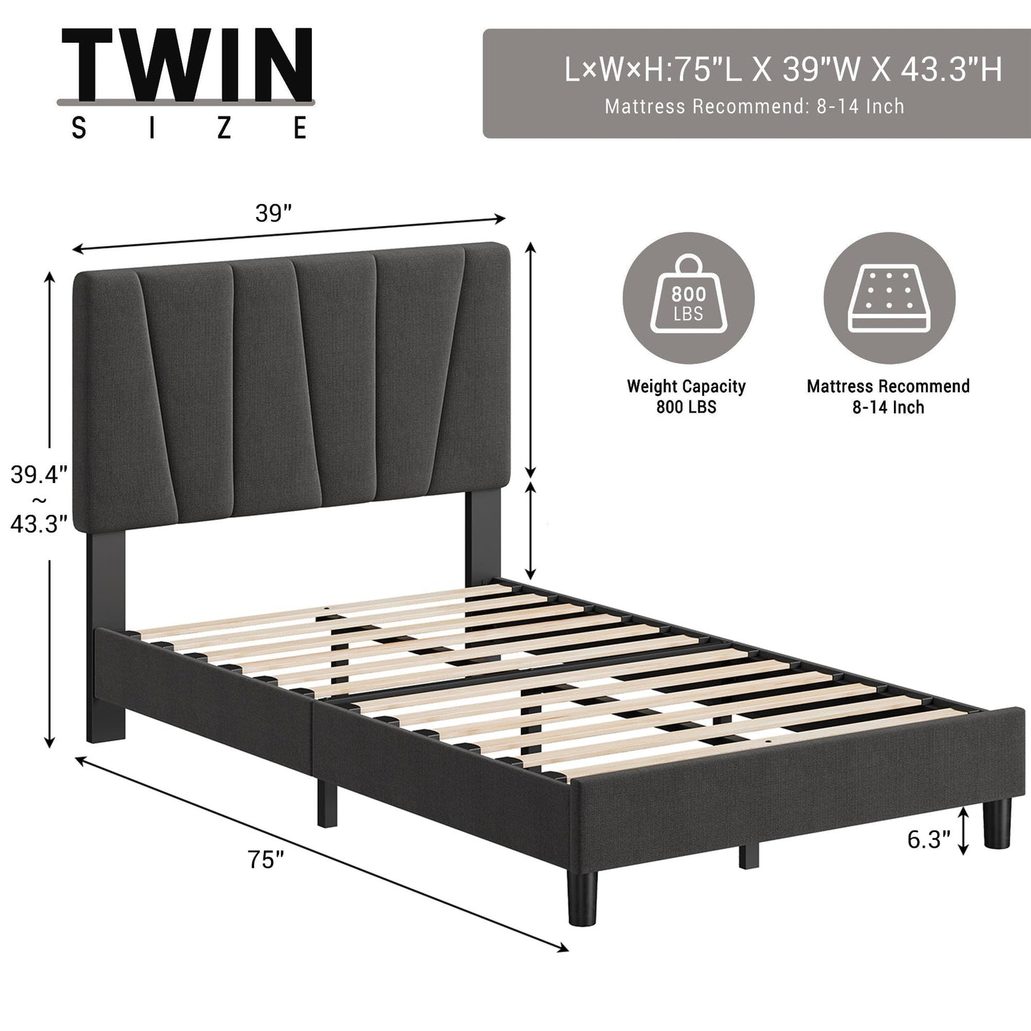 GarveeHome Twin Size Bed Frame with Adjustable Headboard, Linen Upholstered Twin Platform Bedframe with Strong Wooden Slats, Mattress Foundation, No Box Spring Needed, Easy Assembly(Dark Grey, Twin)