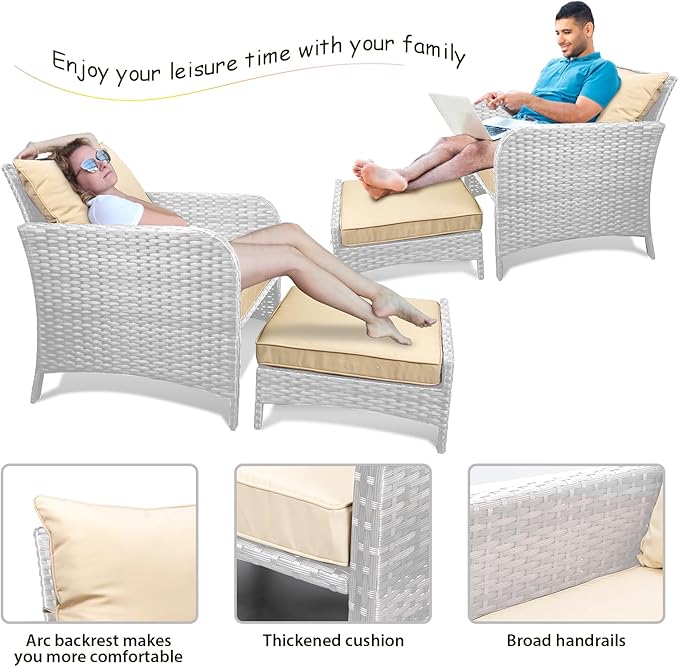 LEVELEVE Balcony Furniture 5 Piece Patio Conversation Set, PE Wicker Rattan Outdoor Lounge Chairs with Soft Cushions 2 Ottoman&Glass Table for Porch