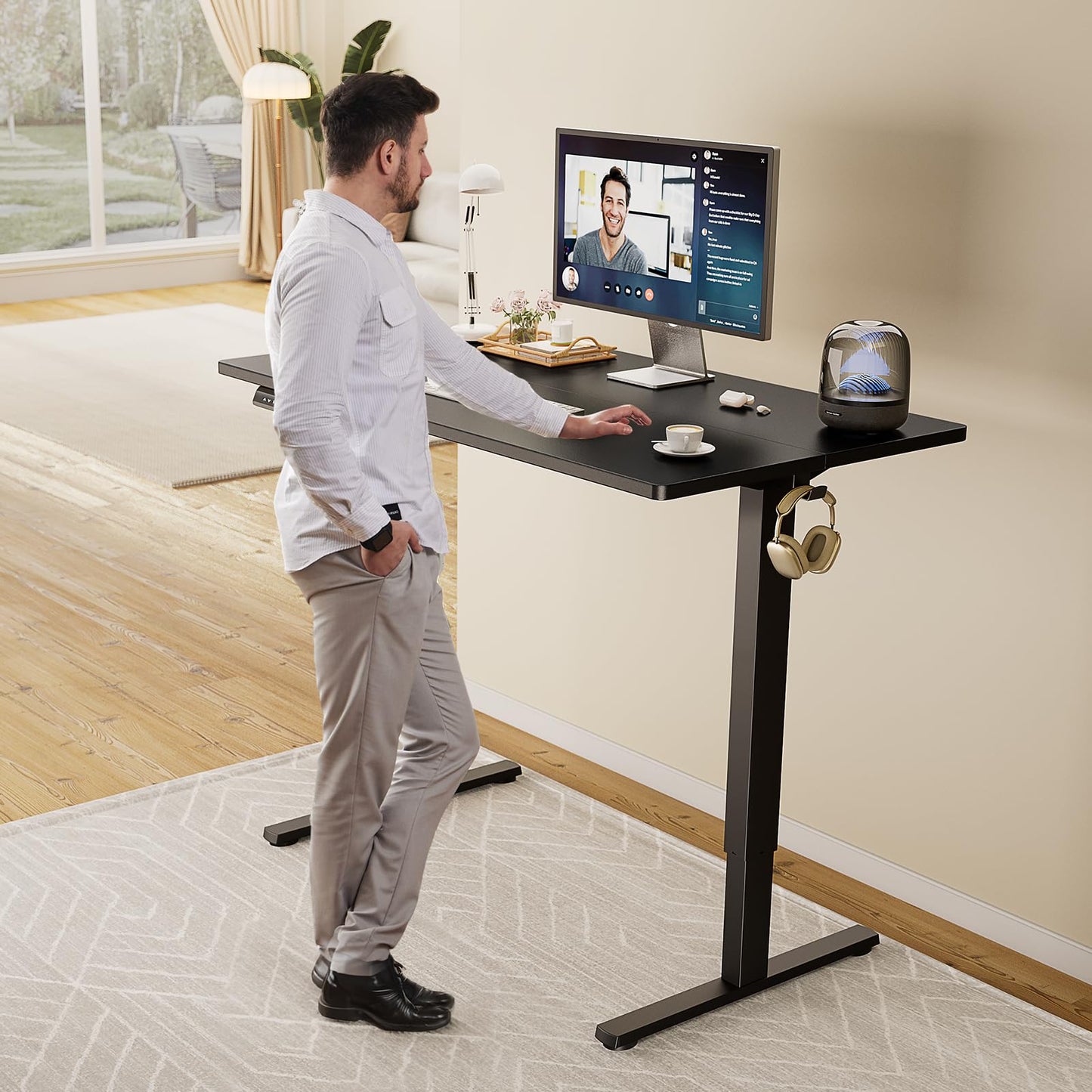 Sweetcrispy Electric Standing Desk Adjustable Height, 55x24 Inch Sit Stand Up Home Office Desks Memory Computer Workstation PC Work Table with Preset Splice Wood Board Metal Frame, Black