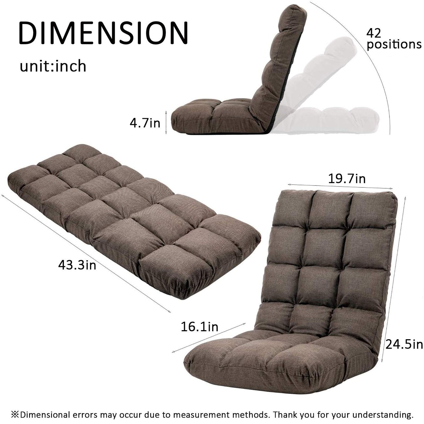 FLOGUOR Floor Chair, Floor Lounger Chair 42-Position Recliner Adjustable Foldable Video Gaming Meditating, Reading, Padded Comfortable Seat, Indoors (Brown) 8812CO