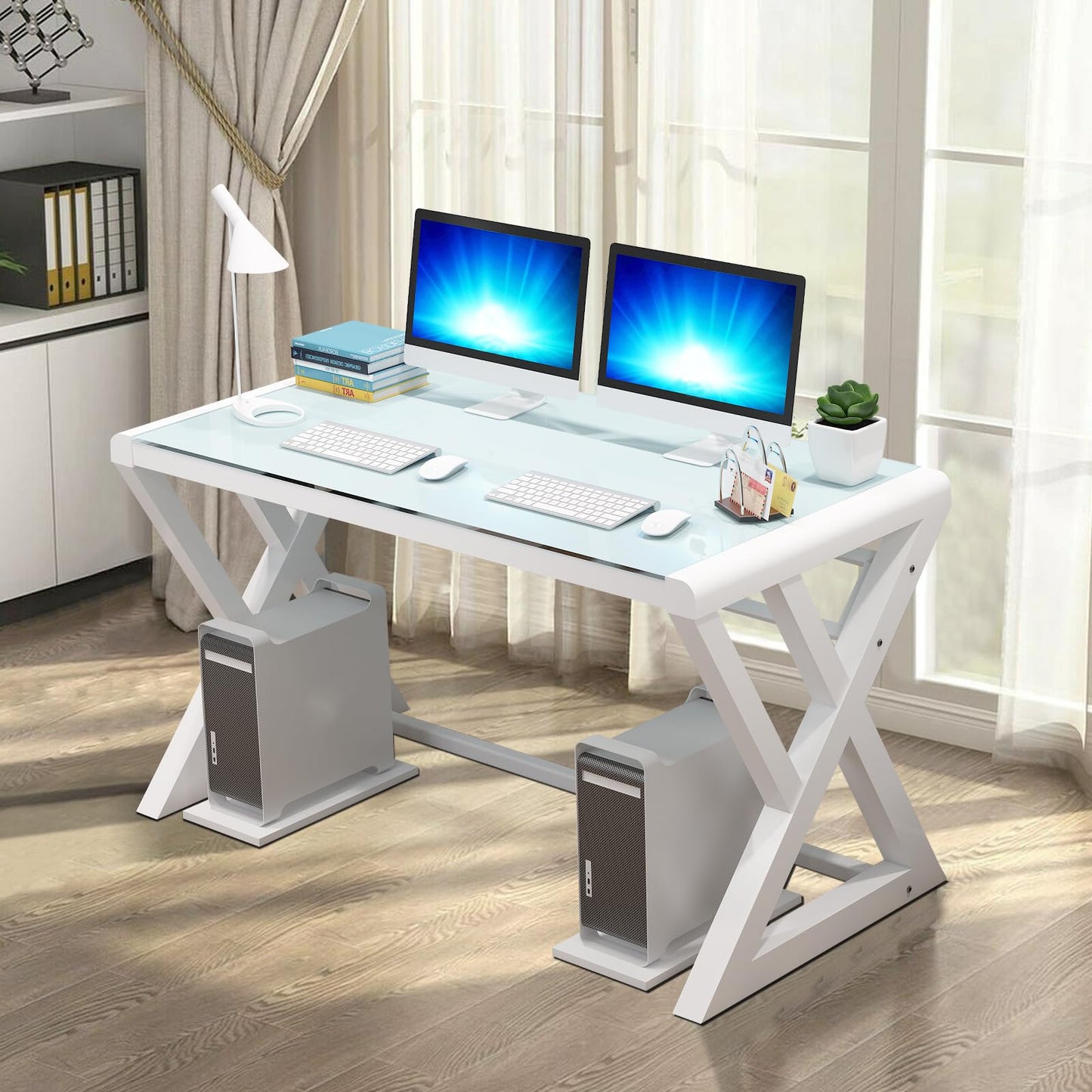 IPKIG Glass Computer Desk, Modern Computer Desk with Carbon Steel Frame and Glass Top, Home Office Desks Computer Table Study Writing Desk Workstation for Living Room (White, 55.1 Inch)
