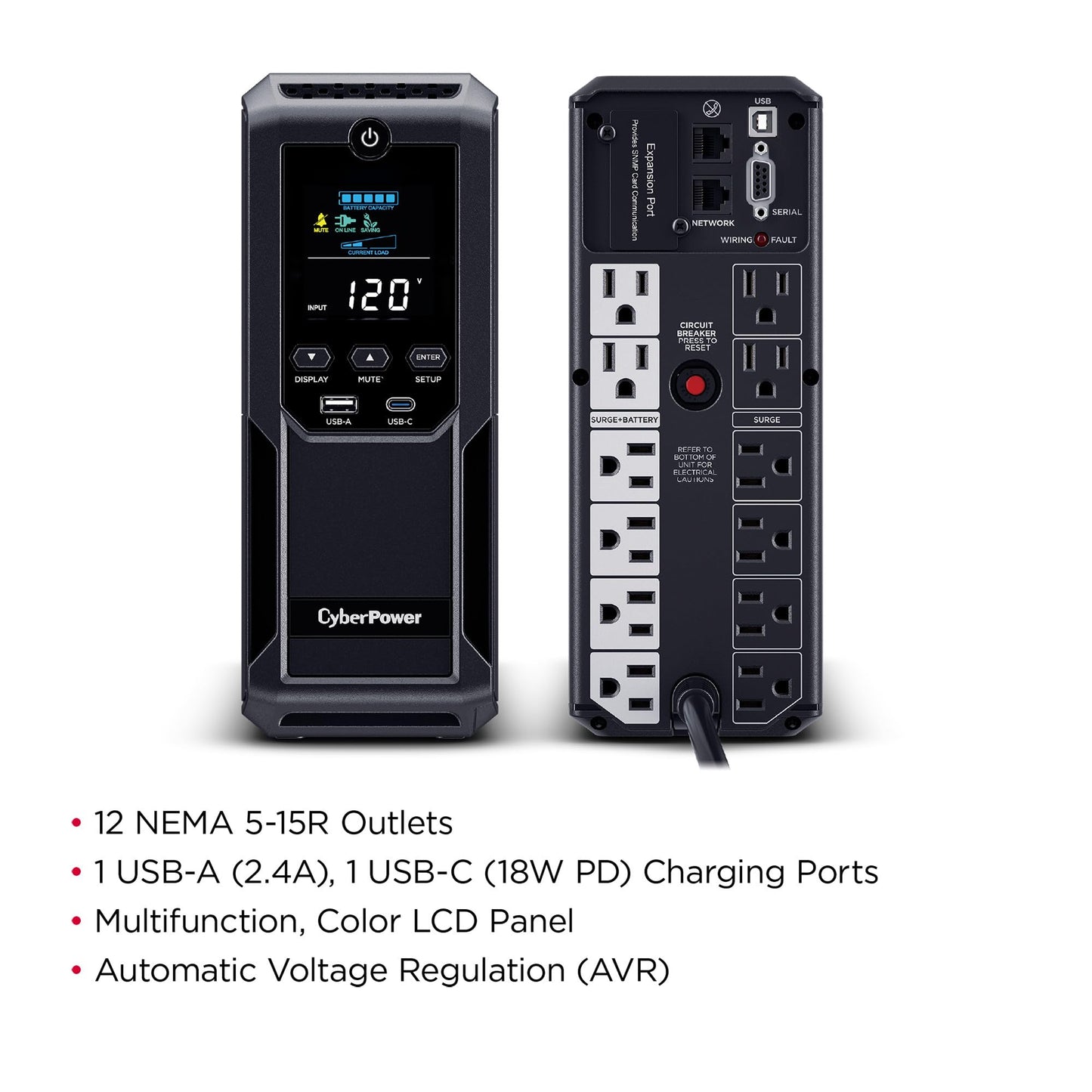 Cyberpower Brg1500Avrlcd2 Intelligent Lcd Ups Battery Backup And Surge Protector, 1500Va/900W, 12 Outlets 2 Usb Ports, Avr, Mini