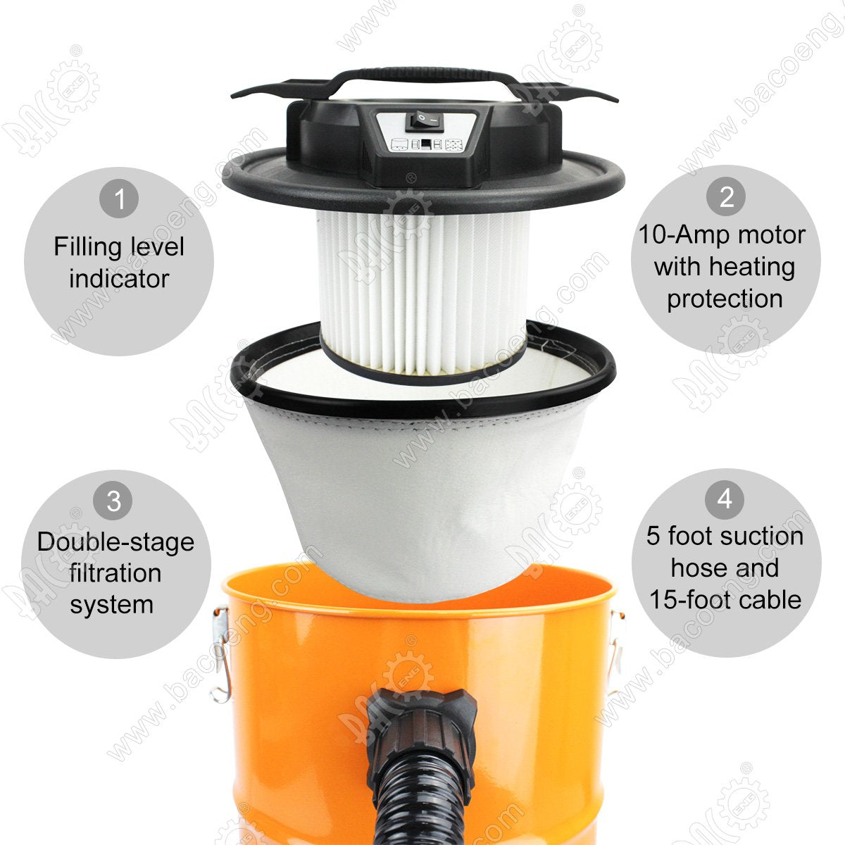 BACOENG Ash Vacuum Cleaner, 5.3 Gallon Ash Vacuum for Pellet Stoves, Wood Fireplace, Ash Vac Pellet Grill, Wood Stoves, Fire Pits