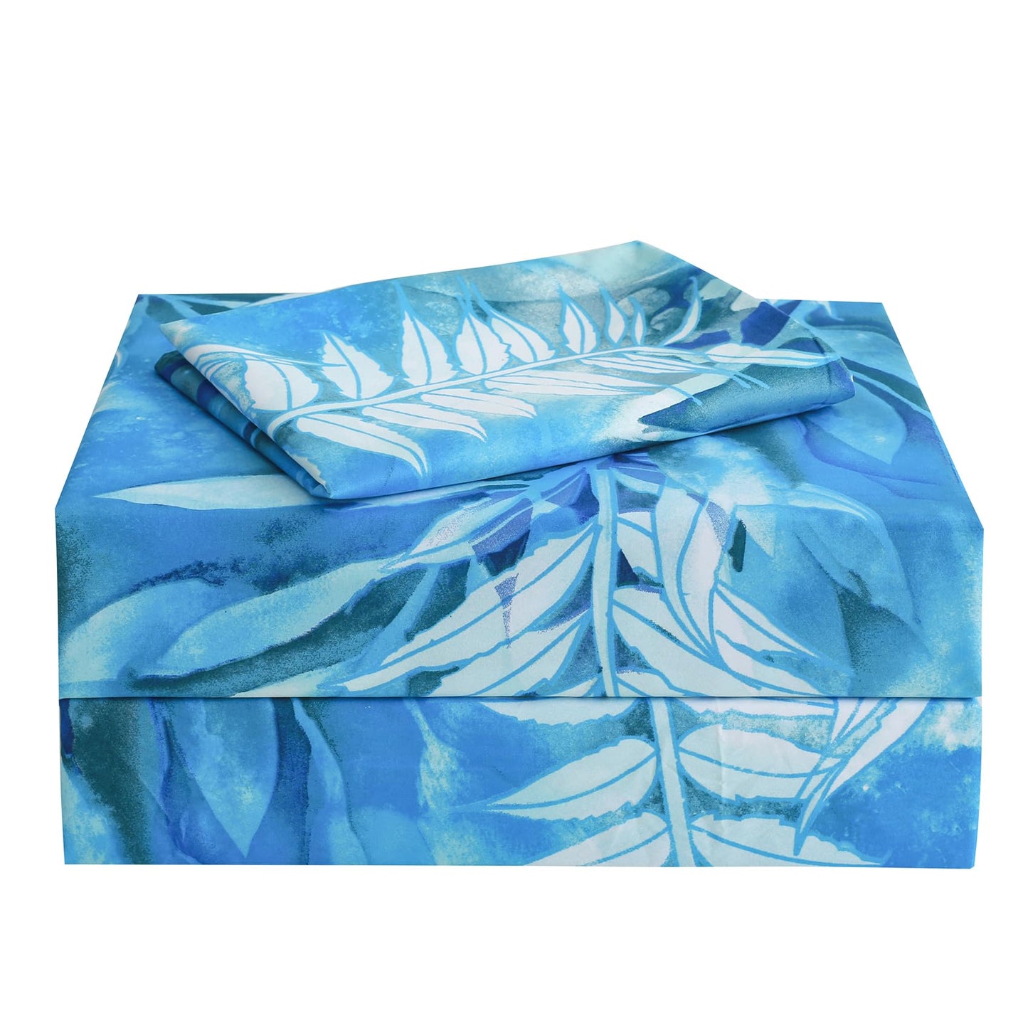 JSD Teal Blue Tropical Leaves Sheet Set Twin Size, 3 Piece Printed Microfiber Sheets Extra Deep Pocket Wrinkle Free