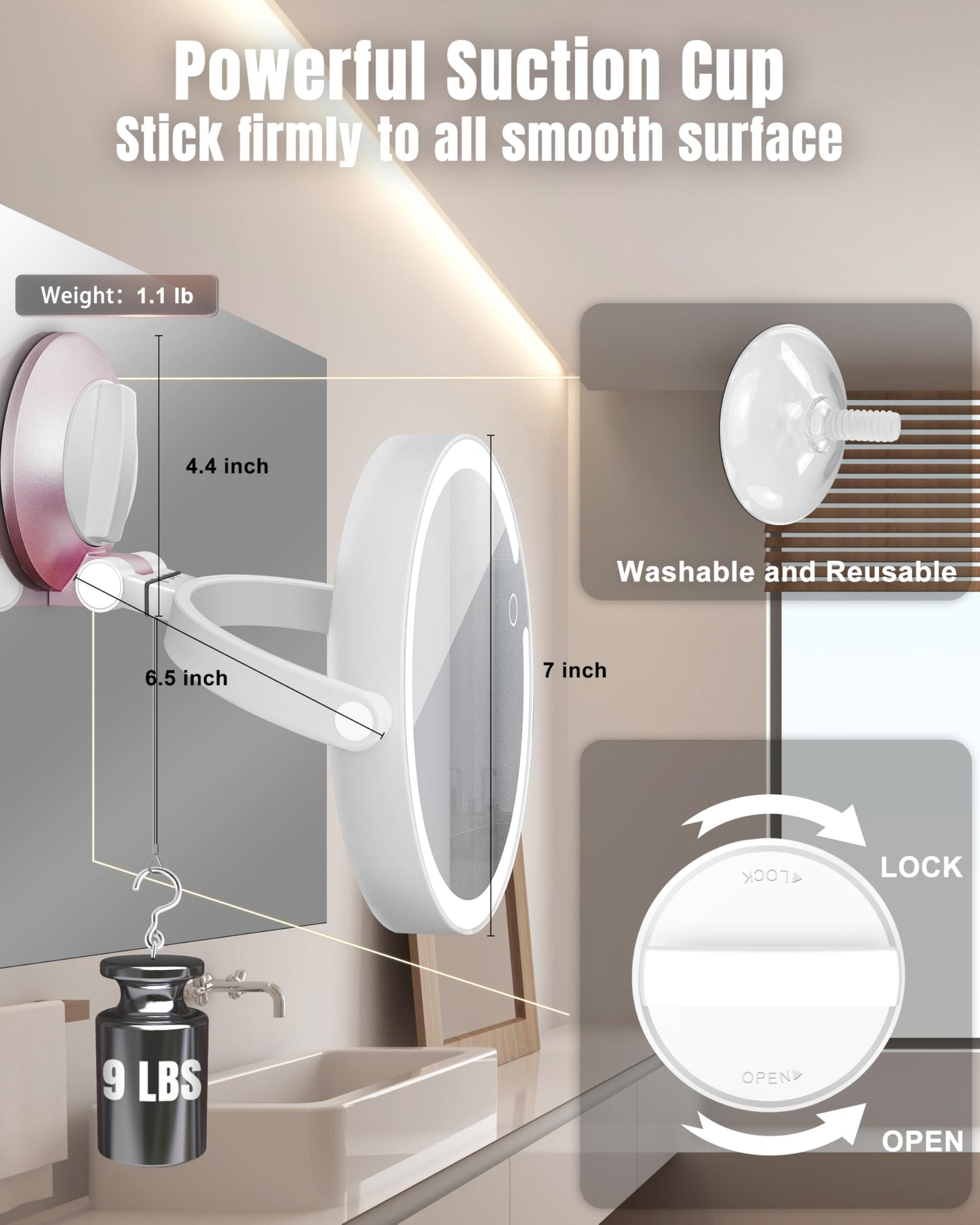 vpu 15X/1X Wall Mounted Magnifying Makeup Mirror with Power Suction Cup, Rechargeable Double Sided Regular HD/Magnification 3 Co