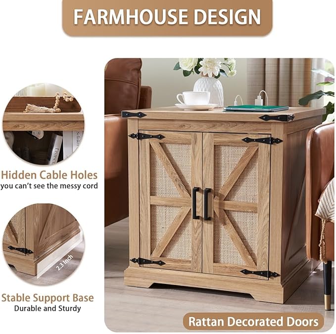 Barnyatoh Farmhouse Boho End Table with Charging Station, 24" Large Side Table with Rattan Barn Door, Rustic Wood Square Nightstand Bedside Table with Storage for Living Room, Bedroom, Natural 2-Pack