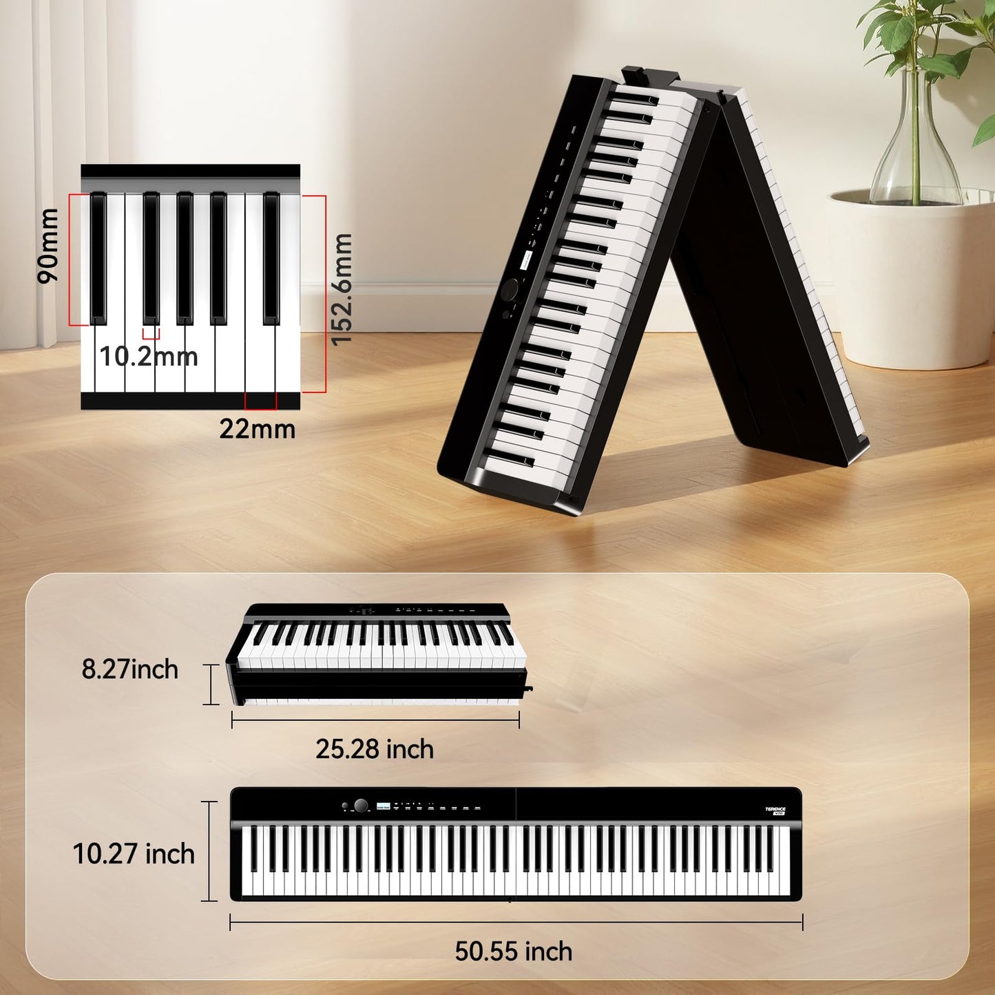 V70 Piano Keyboard 88 Keys Weight Keyboard: TERENCE Keyboard Piano Foldable 88-Key Weight Keyboard Full Size Digital Piano with Headphones 4 Speakers Bluetooth Built-in Battery (Black)
