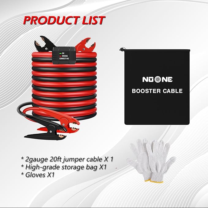 NOONE Heavy Duty Jumper Cables - 2 Gauge 20 Feet 800Amp Automotive Booster Cables with Smart-6 Protector for Jump Starting Dead or Weak Batteries (2AWG x 20Ft)