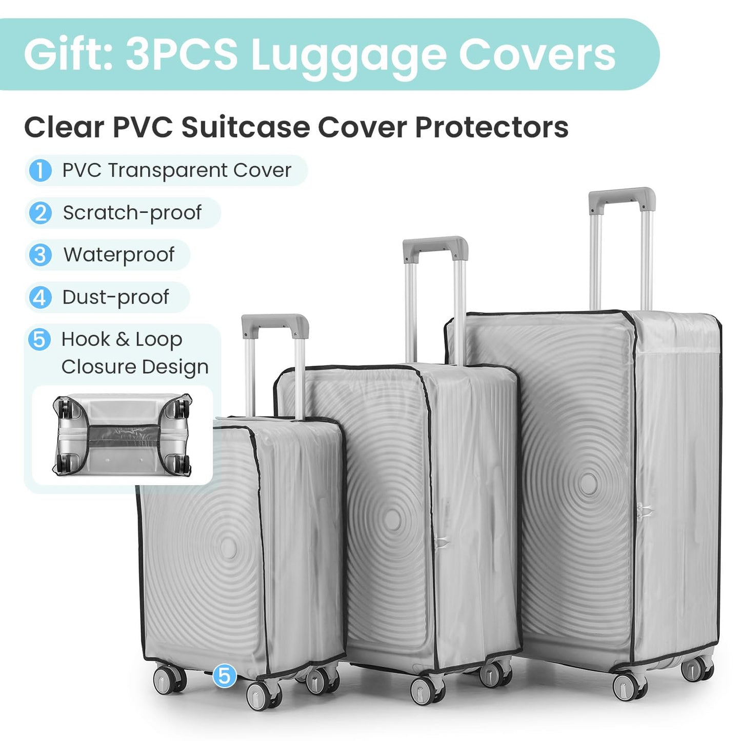 TRAVELEO 3 Piece Luggage Set 100% PC Hardshell, Front Opening Expandable Suitcase (20/24/28) with Laptop Compartment & Free Custom PVC Covers, Trunk Style Lightweight Spinner Wheels TSA Lock