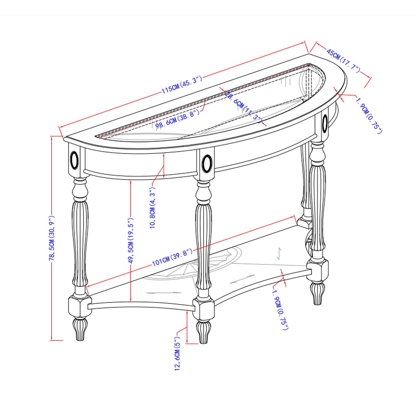PADMA HOUSE Traditional Solid Wood Semi-Circle Sofa Table with Tempered Glass Top for Living Room, Cherry Walnut