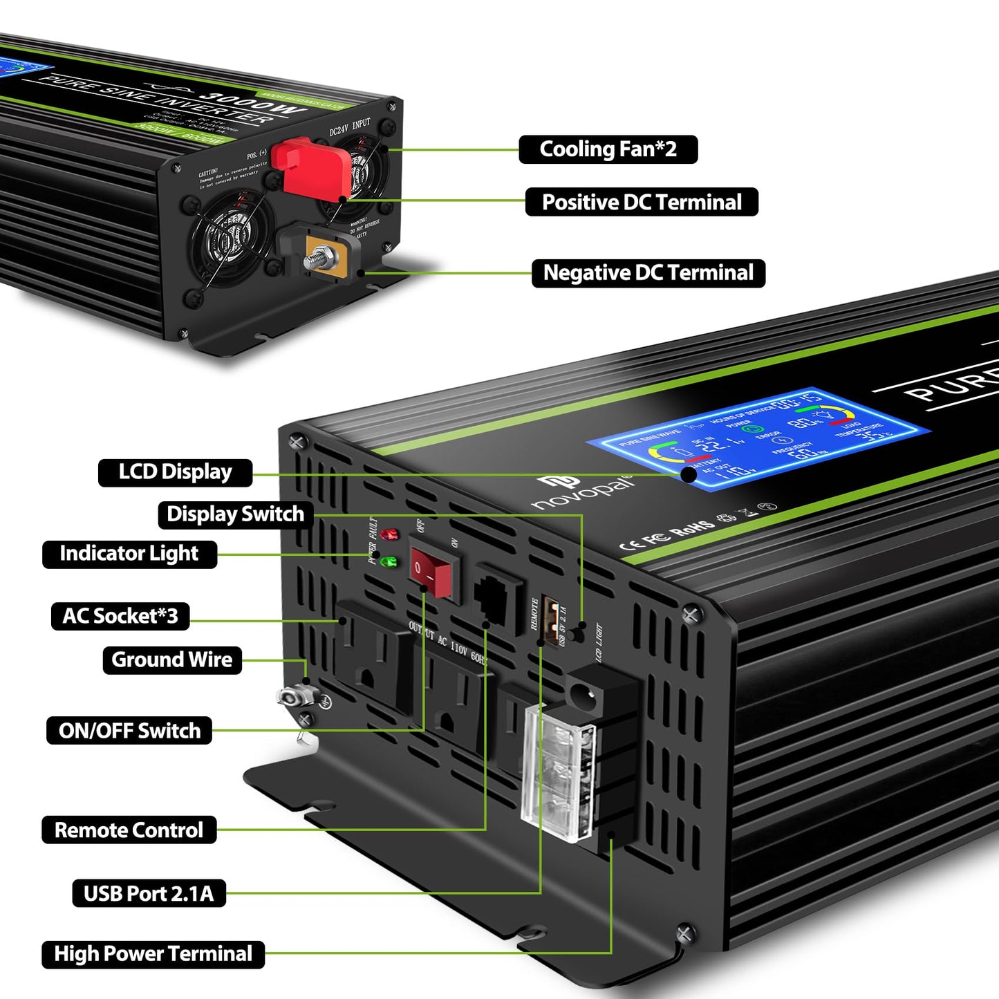 Novopal 3000 Watt Pure Sine Wave Power Inverter 24V To 110V 120V Rv Inverters With 3 Ac Outlets,High Power Ac Terminal-16 Ft Rem