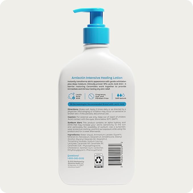 AmLactin Intensive Healing Body Lotion - Therapeutic Lotion for Extremely Dry Skin - No-Scrub Exfoliator and Moisturizer with 15% Lactic Acid AHA and Ceramides, 14.1 oz (Packaging May Vary)