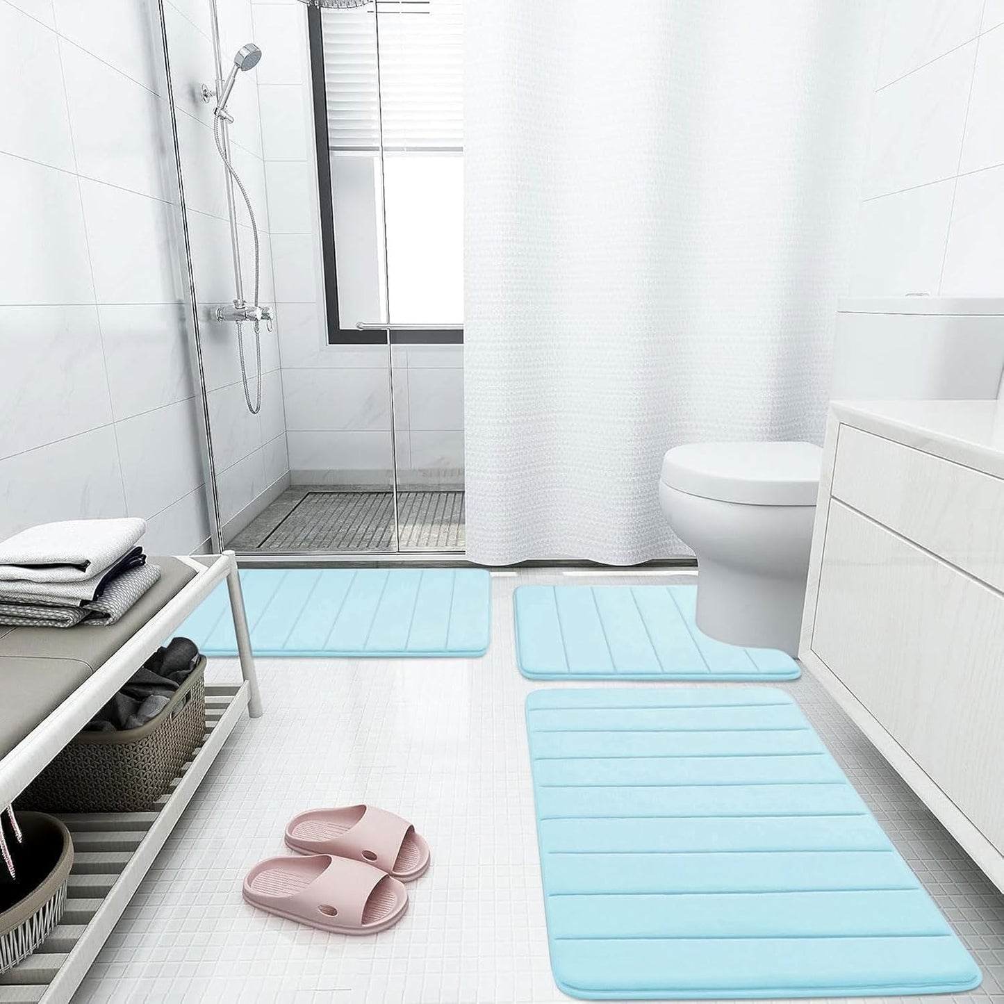 Buganda Memory Foam Bath Mat, 47" x 20", Ultra Soft and Non-Slip Bathroom Rugs, Water Absorbent and Machine Washable Bath Rug Runner for Bathroom, Shower, and Tub, Light Blue