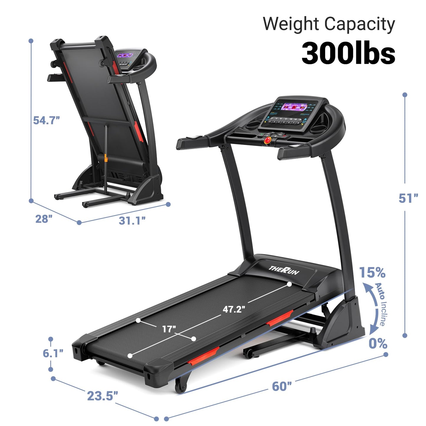 THERUN Incline Treadmill, Treadmills for Running and Walking, 300 lbs Weight Capacity Folding Treadmill with 0-15% Auto Incline, Wide Belt, 3.5HP, App, Heart Rate, Red