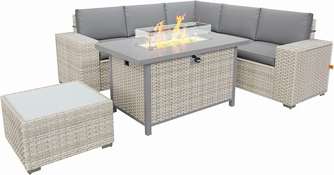 Broivira 7 Piece Patio Furniture Set with 50,000 BTU Rattan Fire Pit Table That Converts to Coffee Table, 9.8" Wide Arm Sectional Sofa with Storage Armrests, Outdoor Rattan Conversation Set, Grey
