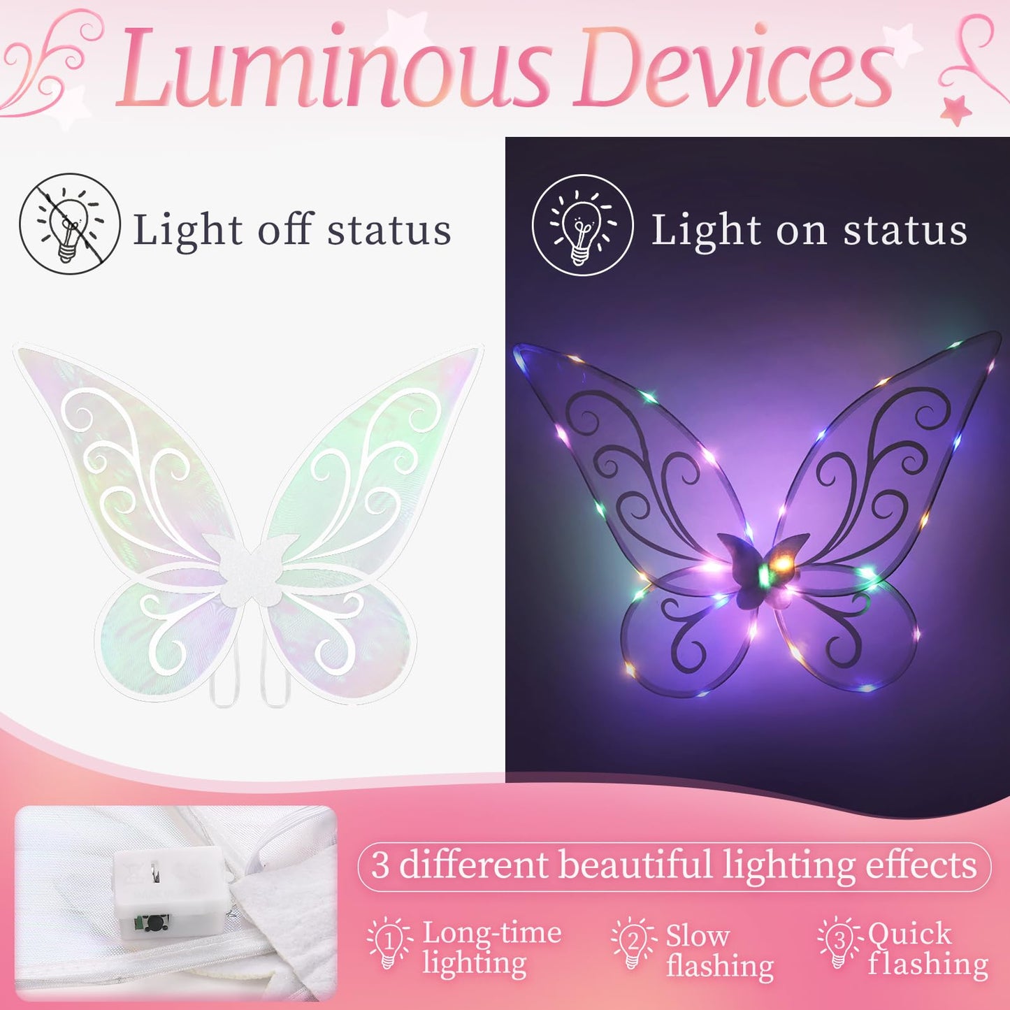Light up Fairy Wings for Adults, LED Butterfly Wings for Girls, Sparkle Halloween Fairy Costume Angel Wing with Fairy Wand Dress up Cosplay White