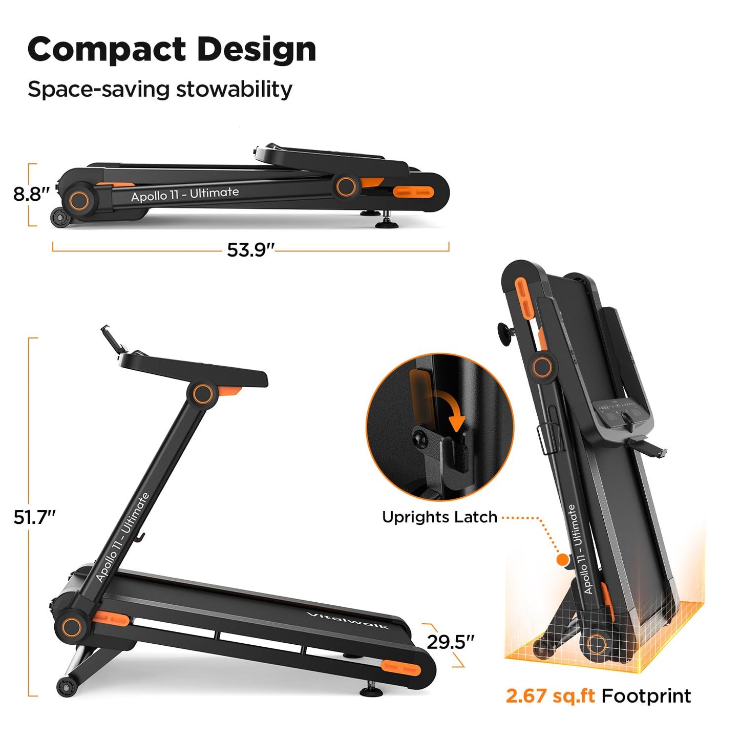 Vitalwalk Foldable Treadmill with Auto Incline, Commercial 49"x18" Wide Running Belt, 10MPH, 3.5HP Brushless, Walking Pad Treadmill for Home, Auto Folding, No Installation, 350LBS Capacity, APP, 20%