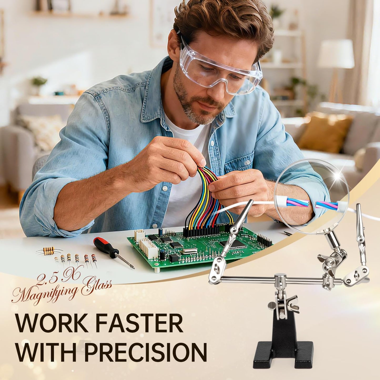 AORAEM Helping Hands Magnifier with Dual Adjustable Alligator Clips in 2.5X Magnifying Glass Soldering Station for Crafting, Hobby, Micro Objects (Not Include Battery)