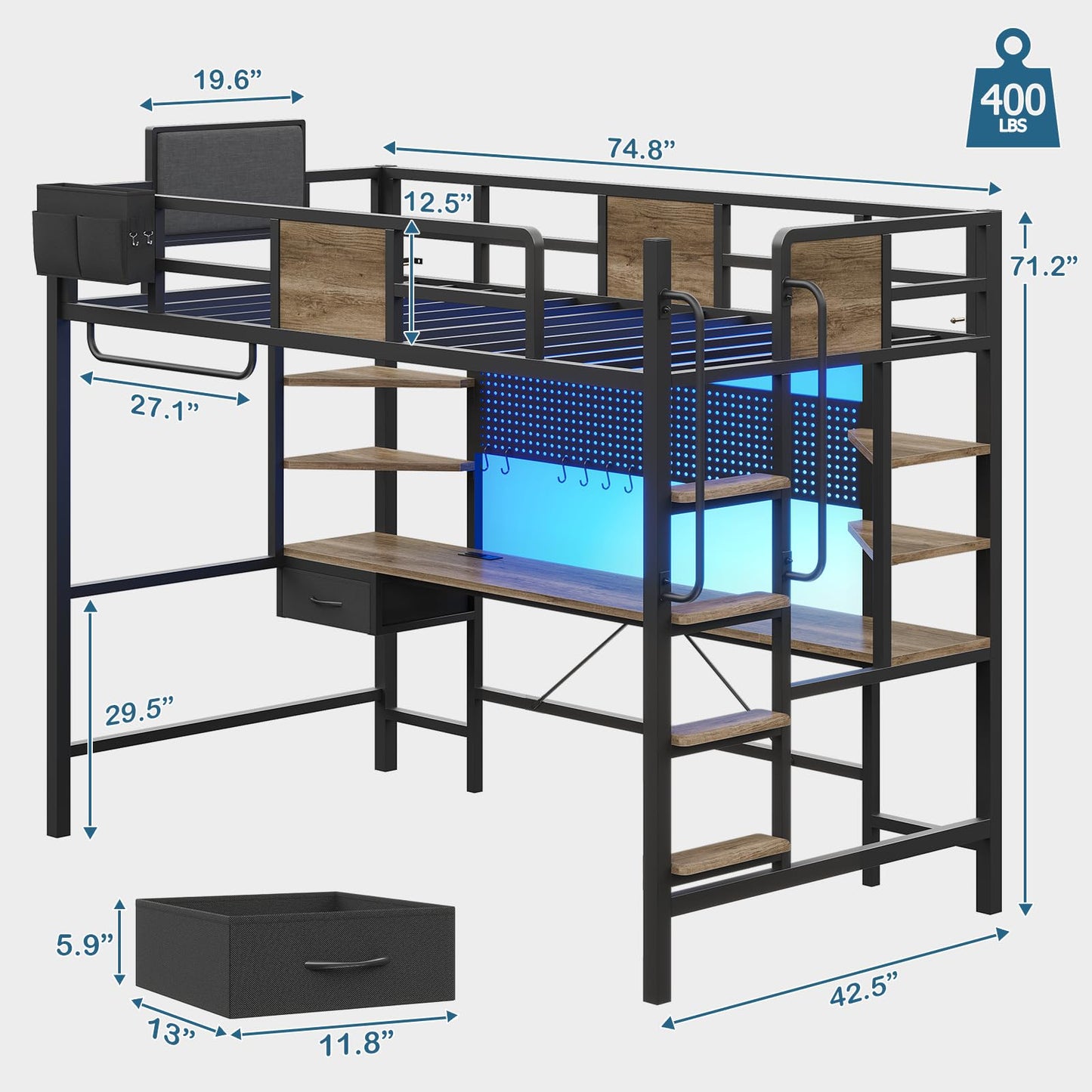 Loft Bed with Desk, Twin Bunk Bed with Desk Underneath,Loft Bed with Stairs,LED Lights and Charging Station,Safety Guard & Ladder & Fabric Drawer, loft Bed Twin Size No Box Spring Needed, Oak Gray