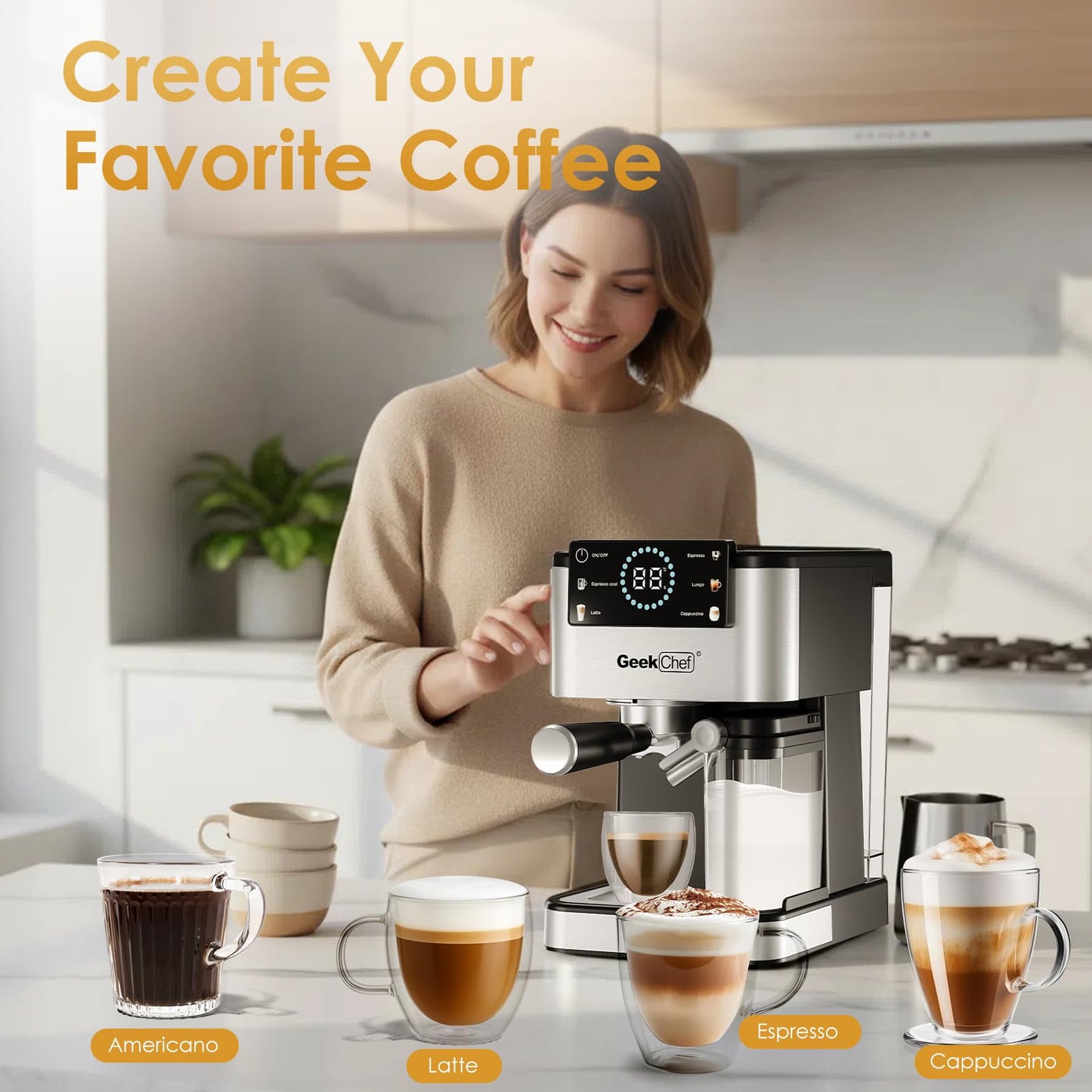 Geek Chef Espresso Machine with Milk Frother, 20 Bar Automatic Espresso Maker, Fast Heating Coffee Maker for Cappuccino, Latte & Iced Coffee, Easy to Use & Clean, for Home Barista