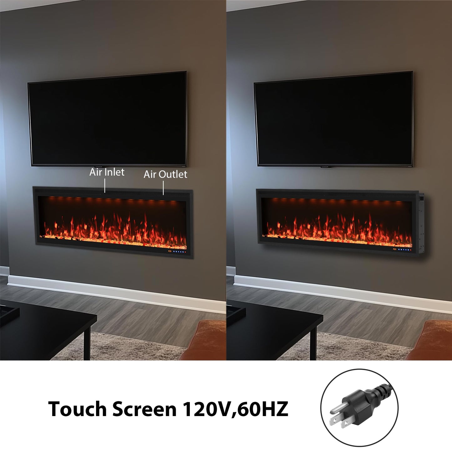 Valuxhome 60inch Recessed Electric Fireplace, Ultra Narrow Frame Design, 13 Flame Colors, 400 Sq.ft, 750/1500W