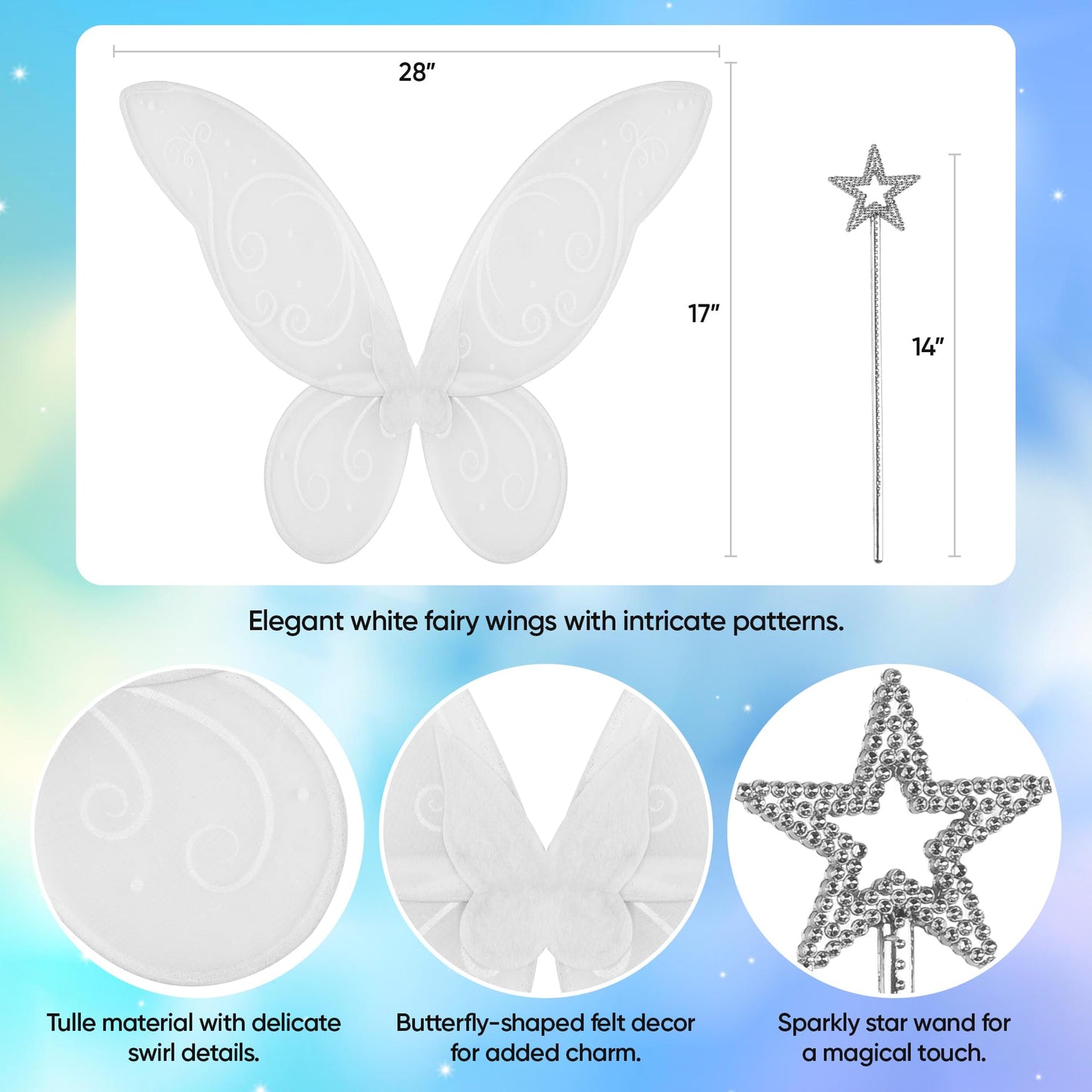 Funcredible White Fairy Wings, Fairy Wand and Glitter - Fairy Costume Accessories - Fairy Costume for Women and Girls - Fairy Accessories Cosplay