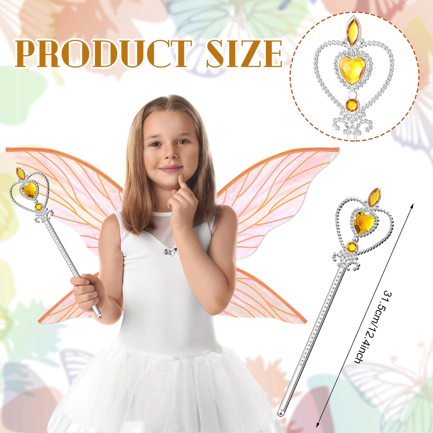 Jenaai 2 Pcs Fairy Wings Halloween Costume Accessories for Girls Adult Women with Wand for Butterfly Cosplay Party(Orange)