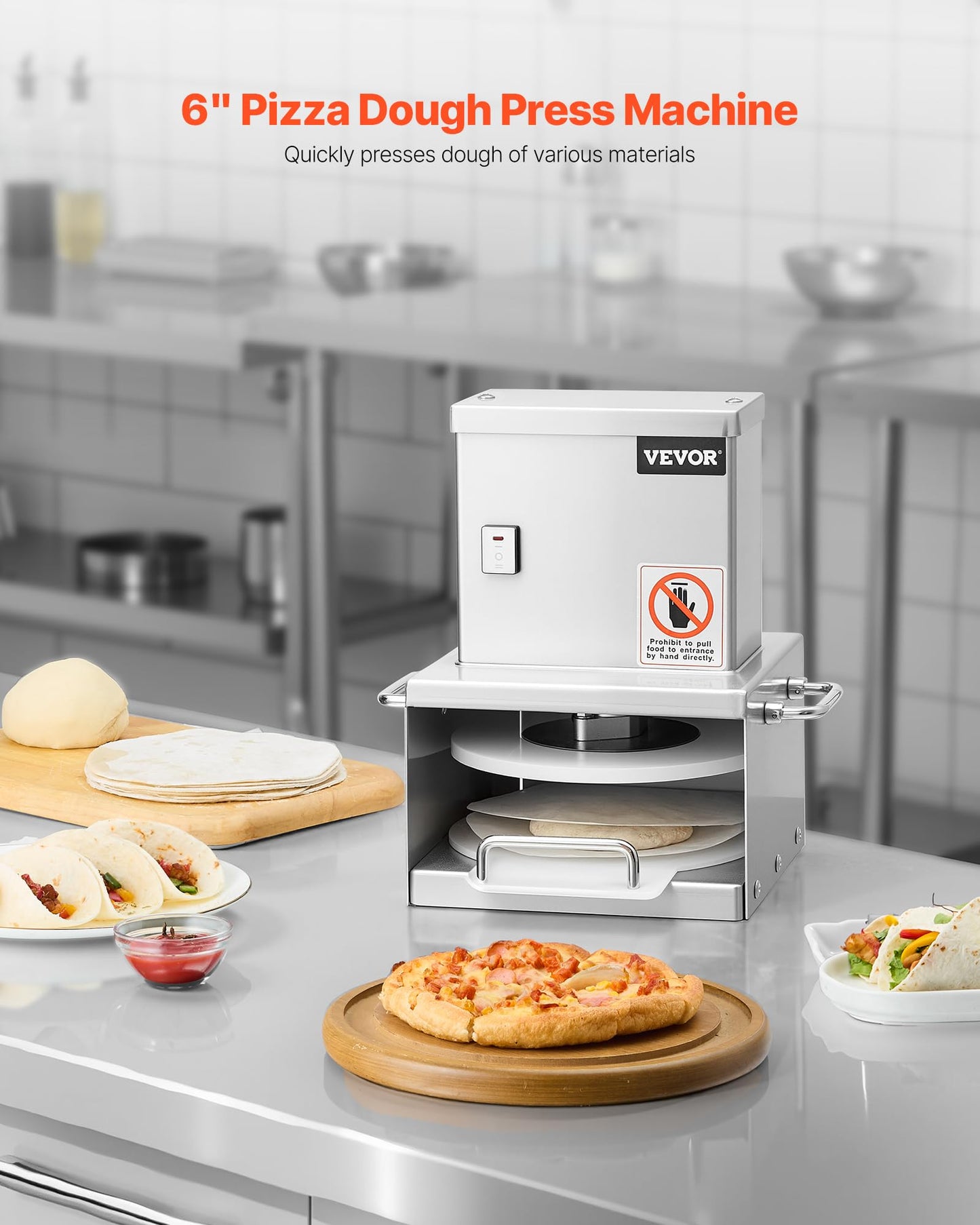 VEVOR Electric Pizza Dough Press Machine, 6 Inch Pizza Pastry Press Plate, Stainless Steel Bread Presser, Commercial Forming Machine with Adjustable Thickness and 100 Sheets of Parchment Paper