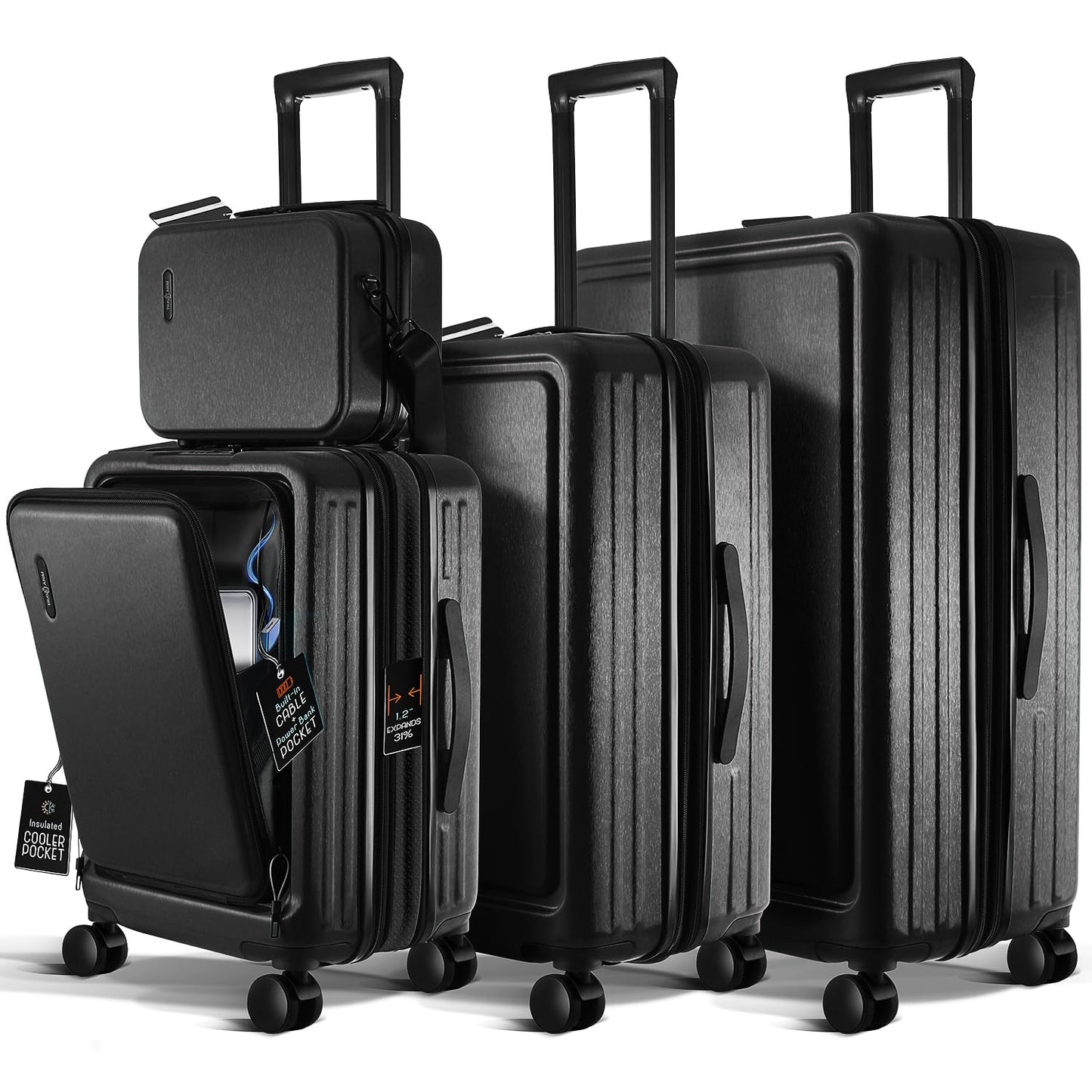 TRAVELARIM Hard Shell Luggage Sets with Spinner Wheels 4 Piece, Expandable Large Suitcases with TSA Lock, Travel Large Suitcase Set, Black Luggage Set