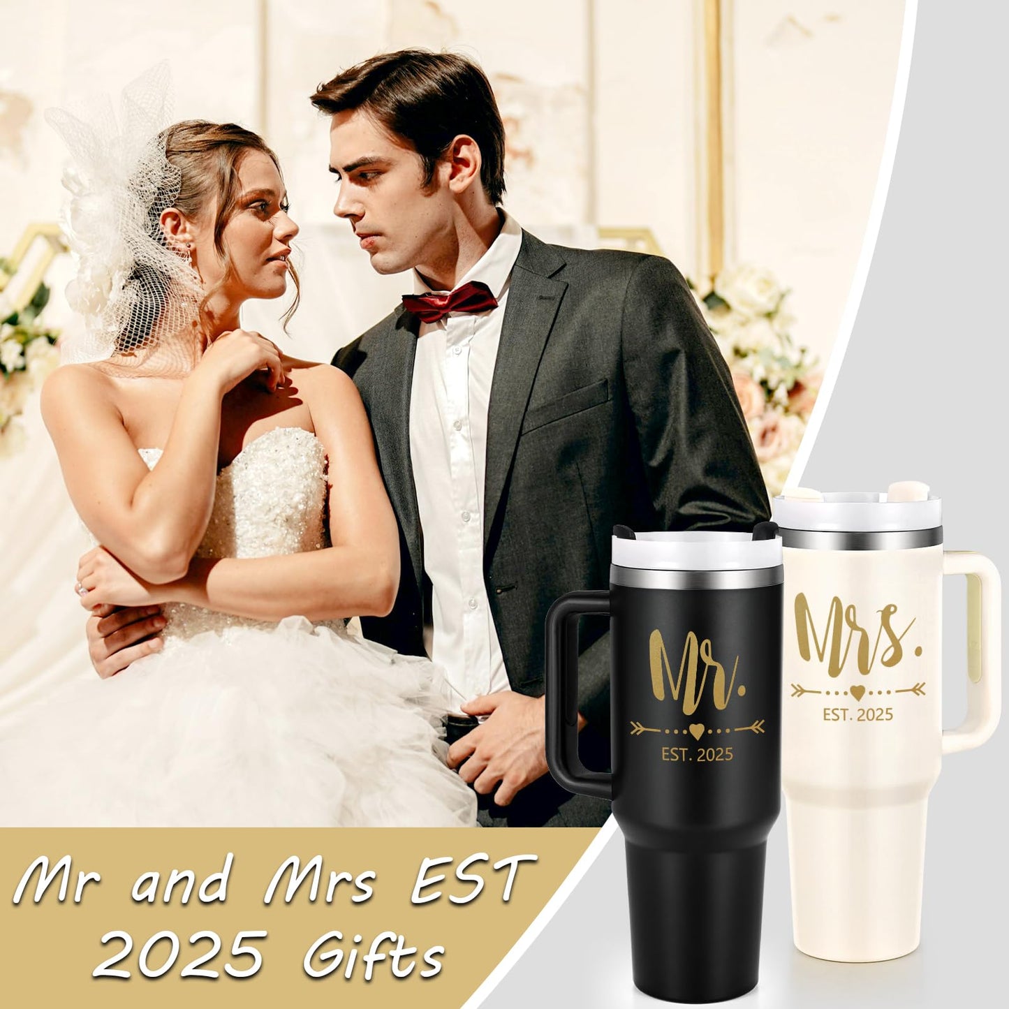 Qtencas Mr and Mrs Gifts, Mr and Mrs EST 2025 Stainless Steel Travel Tumblers Set, 40 oz 2025 Travel Mug for Couples Newlyweds, Engagement Wedding Gifts, Bridal Shower Anniversary Cups(Black & Beige)