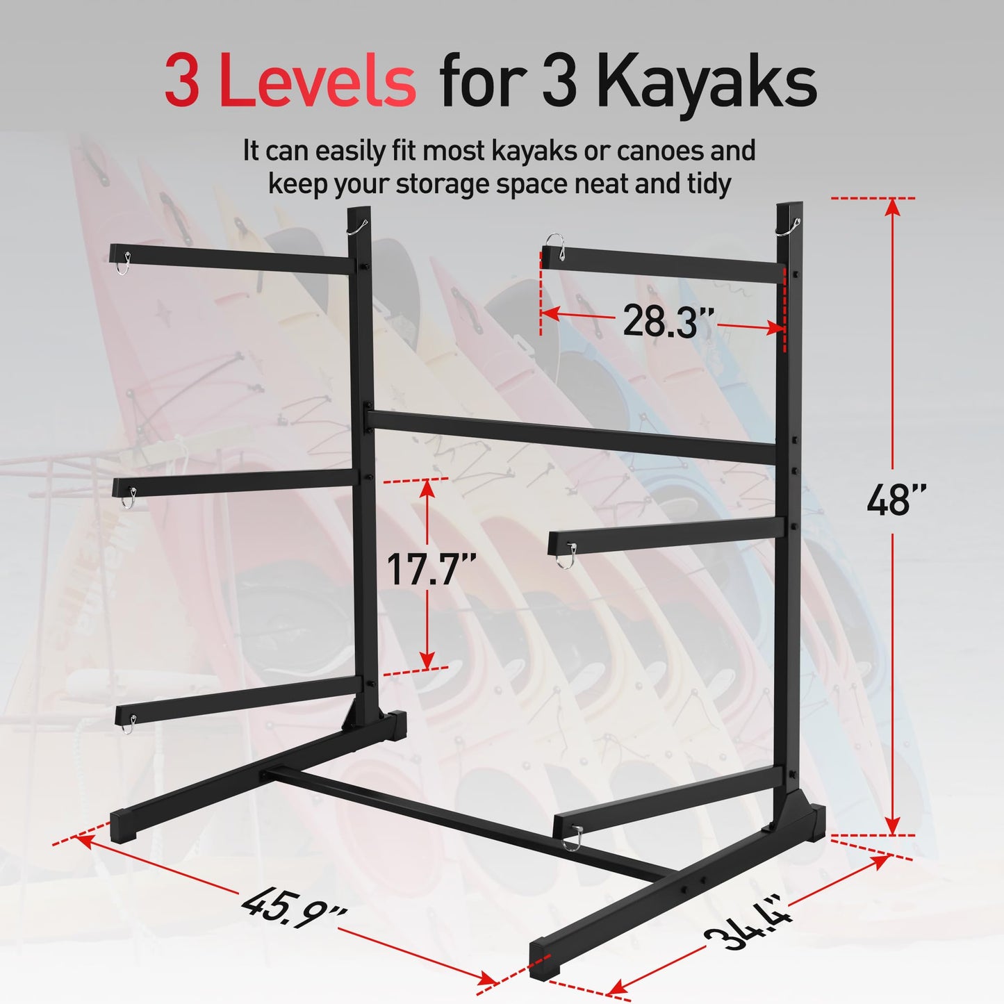 JY PERFORMANCE Kayak Storage Rack, Freestanding Kayak Rack for Outdoor Storage, Heavy Duty 3-Tier Kayak Rack for Kayaks, Canoe, SUPs, Paddleboard, Indoor Outdoor Garage Dock Shed