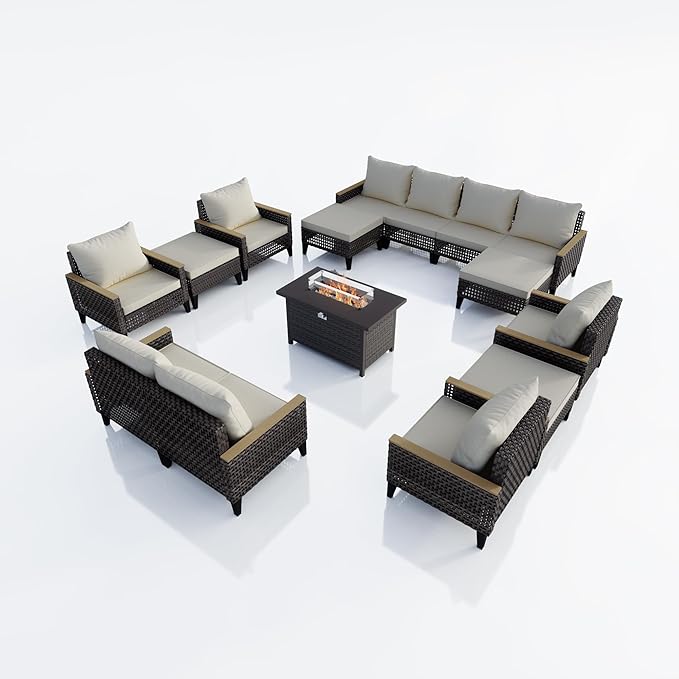 15 Pieces Outdoor Furniture Set, Modern Patio Conversation Sets with Fire Pit Table and Armchairs, Wicker Rattan Sofa Couches Chairs Ottomans for Porch, Deck, Balcony, Backyard, Yard (Beige Cushions)