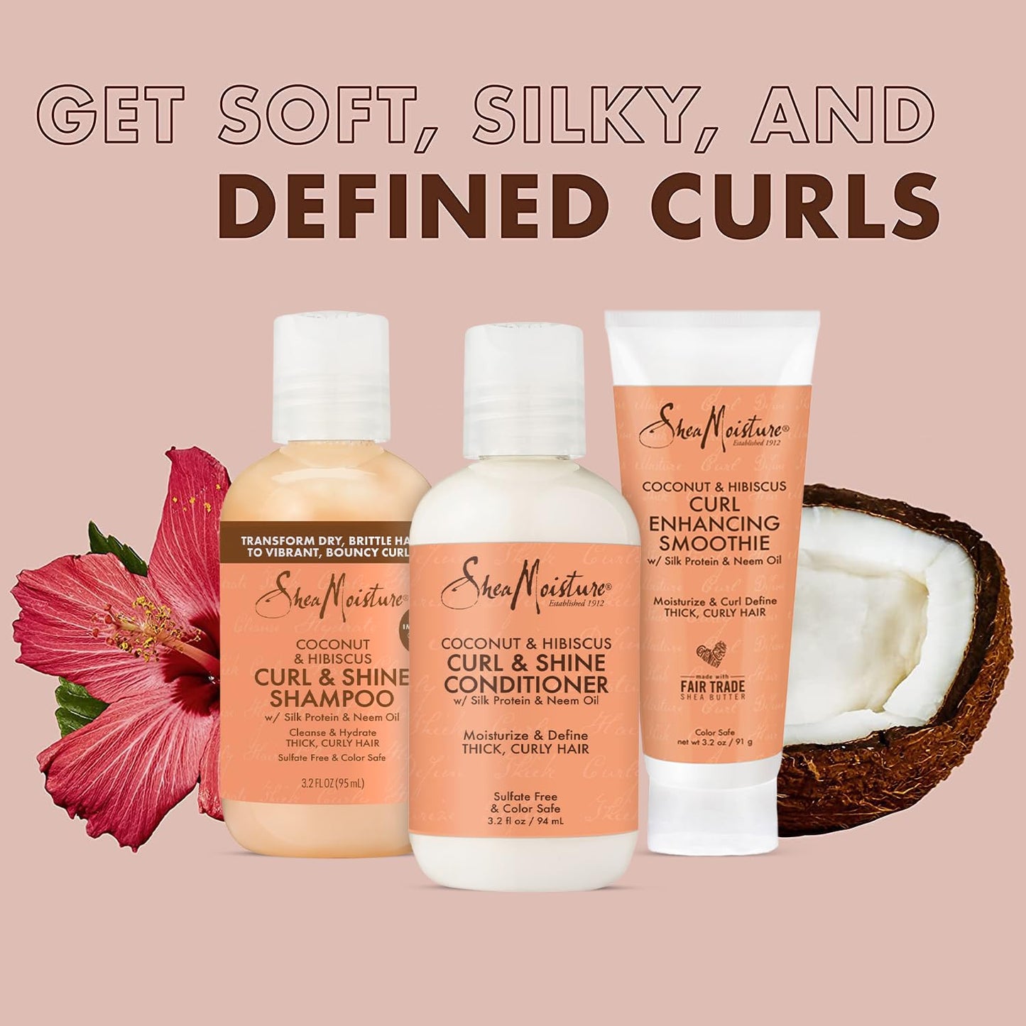 SheaMoisture Curl & Shine Shampoo, Conditioner & Curl Enhancing Smoothie, Travel-Size - Coconut & Hibiscus Curly Hair Products