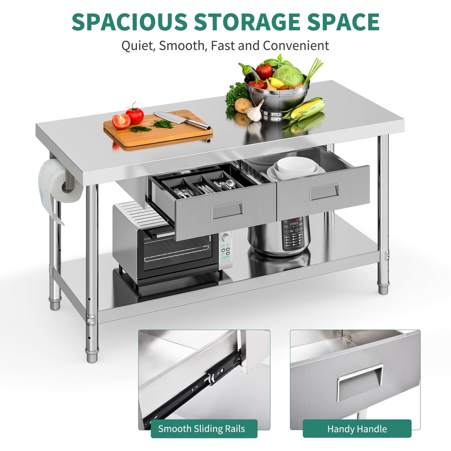 YITAHOME 60" X 24" Stainless Steel Table with Paper Towel Holder and 2 Drawers, NSF Work Table with Drawer, Metal Table Prep Table for Home Kitchen Restaurant Garage Warehouse