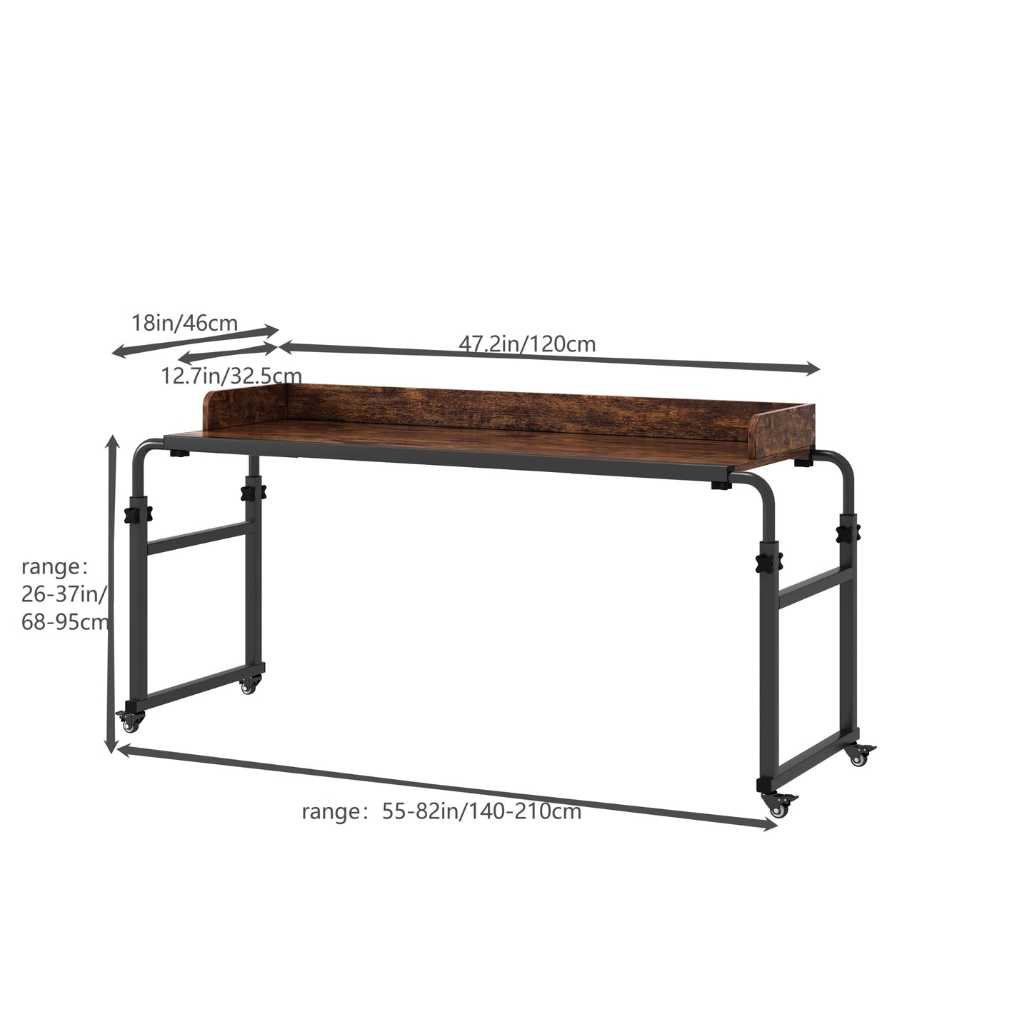 Furist Overbed Table with 360° Wheels, Queen Size Mobile Bed Desk, Recliner Table Over Bed Table Adjustable Height and Length Overbed Table with Heavy Duty Metal Leg for Hospital and Home use