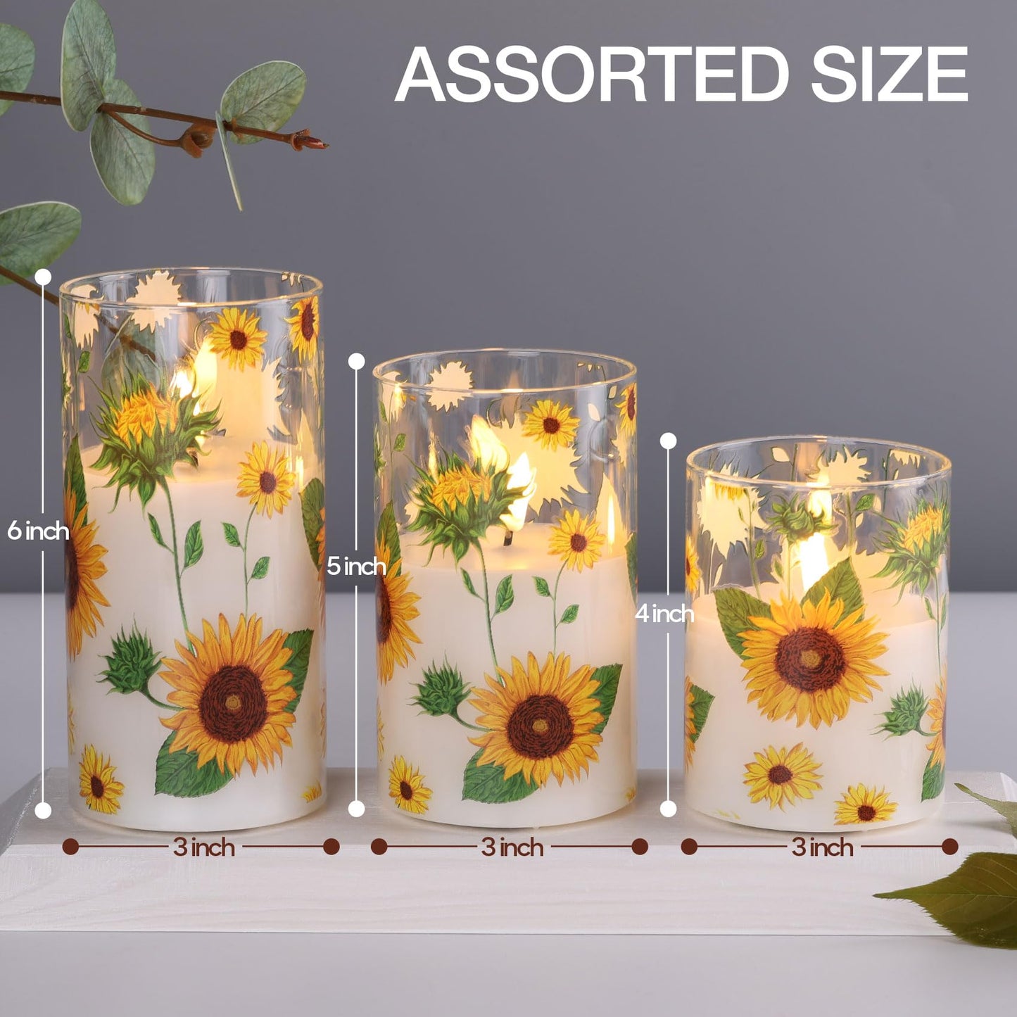 Girimax Sunflower Glass Flameless Pillar Candles with Remote, Flickering LED Battery Candles Christmas Holiday Decor Gift Set of 3