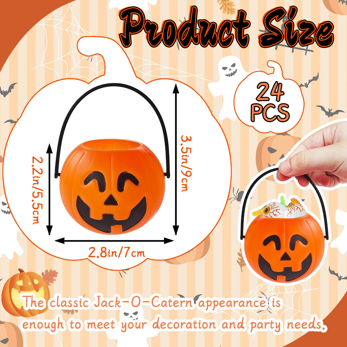 Lshfwn 24 Pcs Mini Halloween Portable Pumpkin Bucket,2.8 In Plastic Pumpkin Candy Bucket,Trick or Treat Candy Pail Holder for Halloween Party Favor,Decoration Props