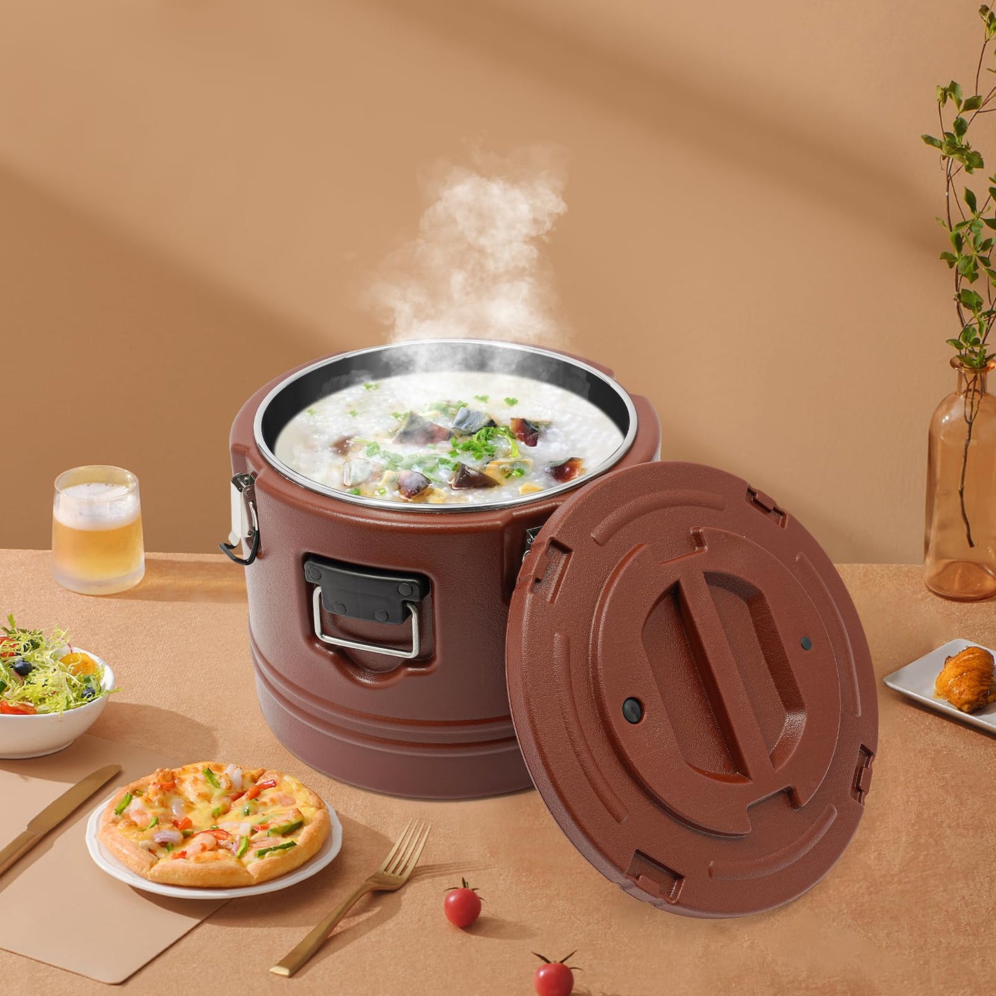 Commercial Insulated Food Container, 32QT/8Gal Insulated Soup Container Bucket Commercial Food Warmer Insulation Barrel for Hot or Cold Food for Restaurant, Canteen, Home (Brown)