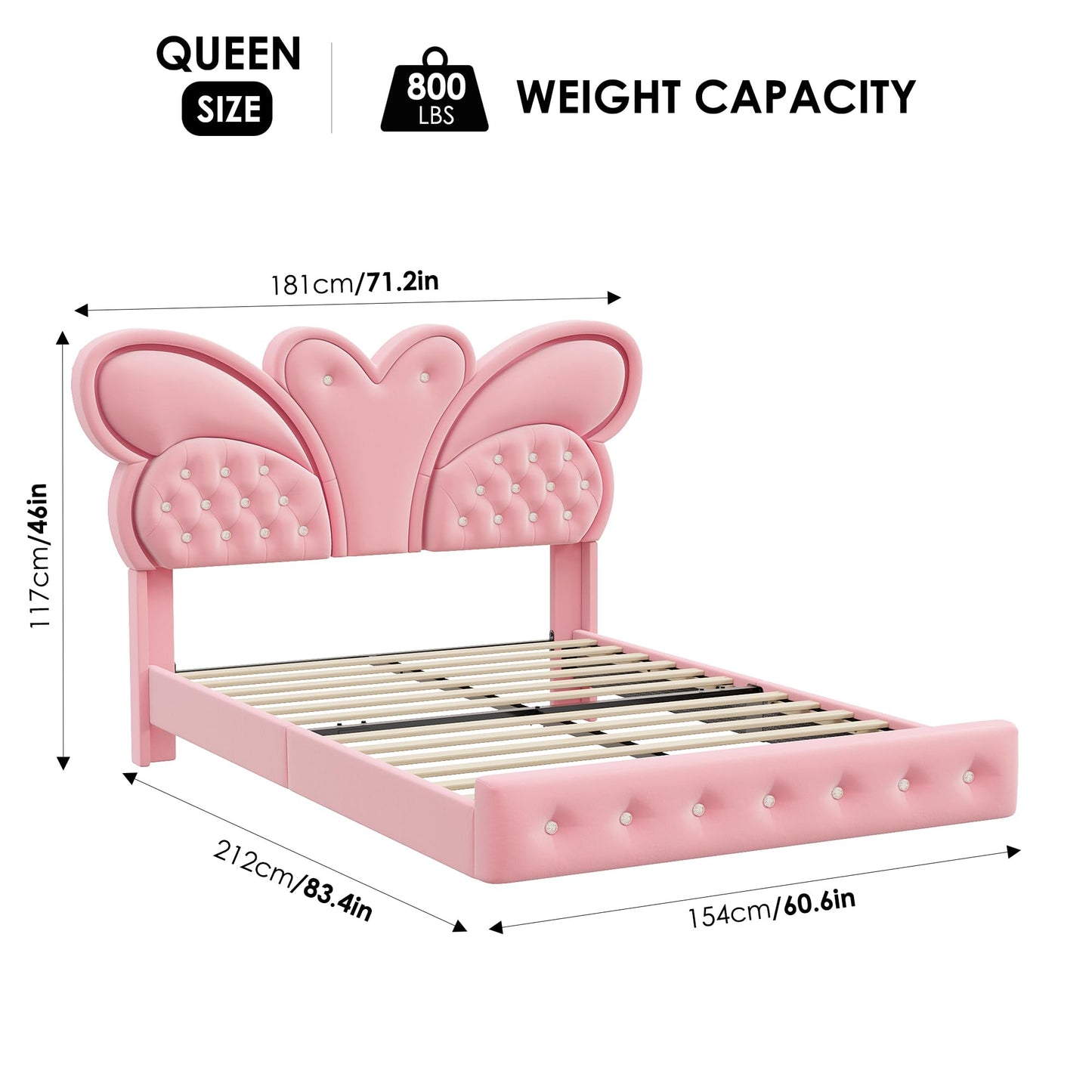 Keyluv Queen Bed Frame Butterfly-Pattern Upholstered Headboard, Modern Floating Bed with LED Lights Button Tufted on Headboard and Footboard, Slats Support No Box Spring Needed, Noise-Free, Pink