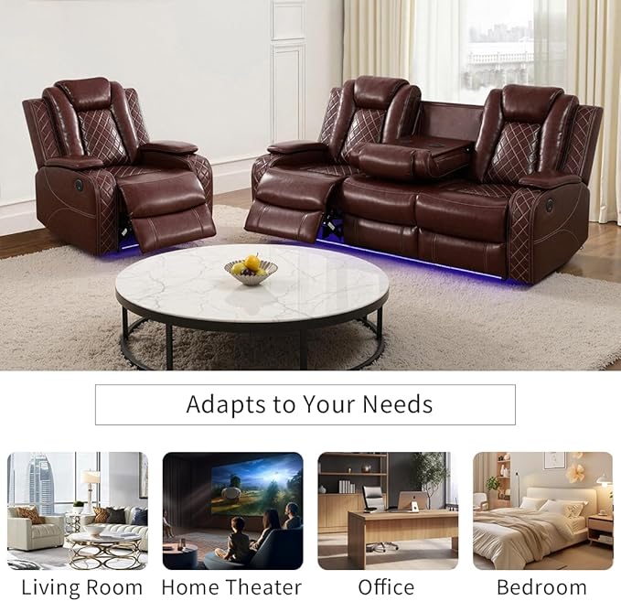 Toseslo Power Recliner Sofa Set with LED Light,Leather Sectional Sofa and Chair Set, Living Room Furniture Sets, Modern Power Reclining Sets with Storage Console for Living Room(Brown)