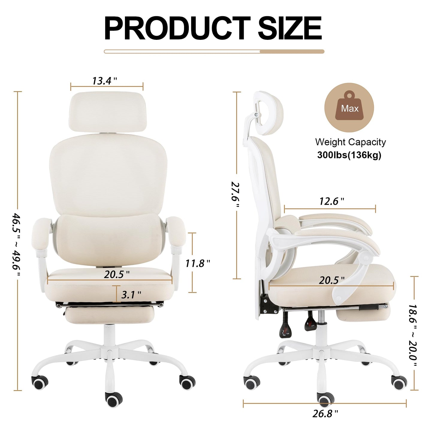 BOWTHY Ergonomic Office Chair with Footrest,90-135 Comfy Reclining Chairs,Home Office Desk Chair with Adjustable Lumbar Support & Headrest,Mesh High Back Computer Executive Chair (Beige)