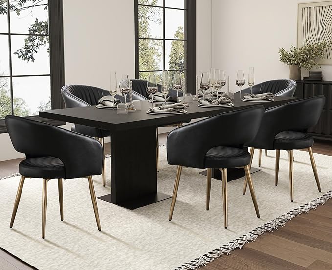 Faux Leather Dining Chairs Gold Legs, Modern Black PU Leather Dining Room Chairs with Arms Set of 2 Upholstered Accent Chair Armchair with Barrel Back for Kitchen Living Room