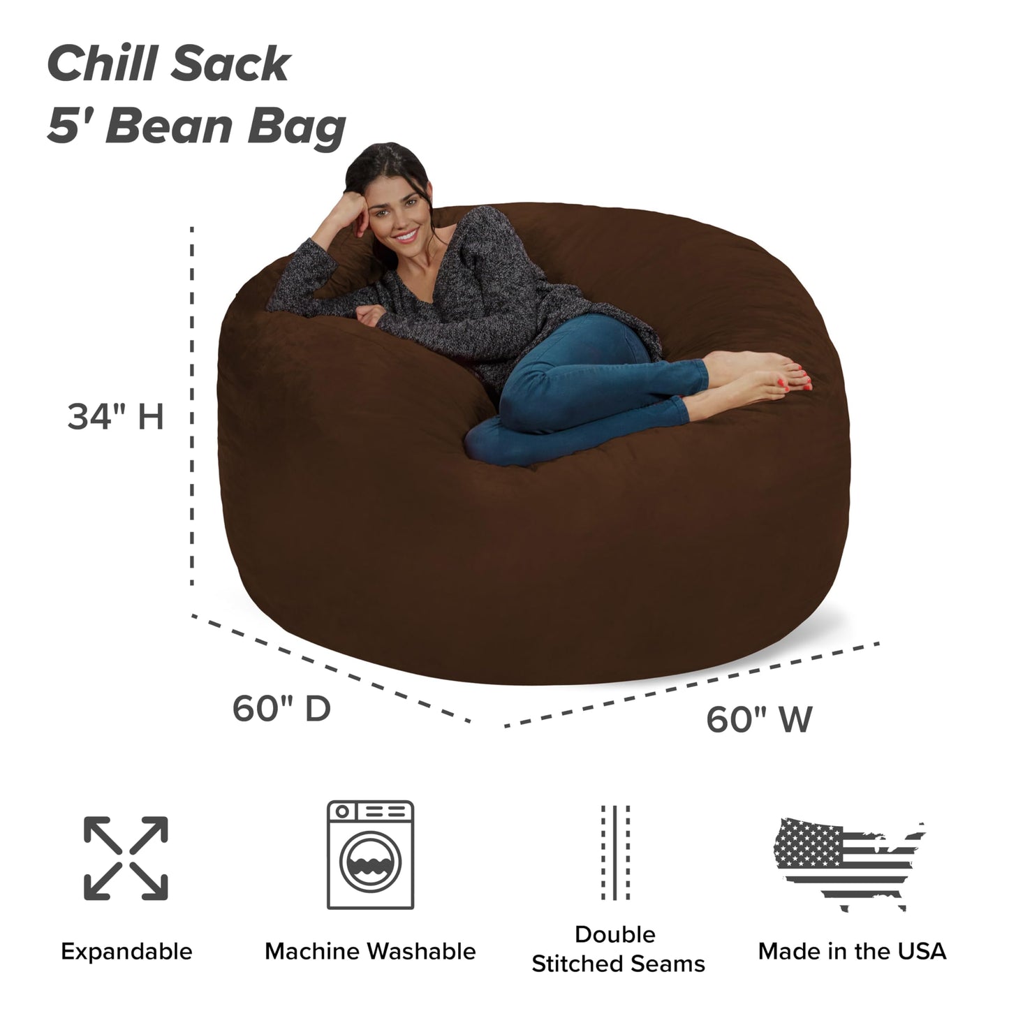 Chill Sack Bean Bag Chair: Giant 5' Memory Foam Furniture Bean Bag - Big Sofa with Soft Micro Fiber Cover - Cocoa Brown