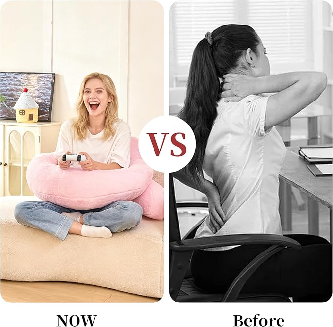 PAJEO Reading Pillow for Bed,U Shaped & Back Support Pillow for Bed,17" Backrest with Lumbar & Arm Support,Luxurious Faux Rabbit Fur,Gaming PillowFor Crochet/Reading/Watching TV,Pink