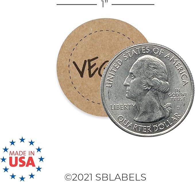 Brown Kraft Vegan Stickers/Small 1" Circle Labels/Unique Design with Modern Aesthetic / 500 Food Stickers/Made in The USA
