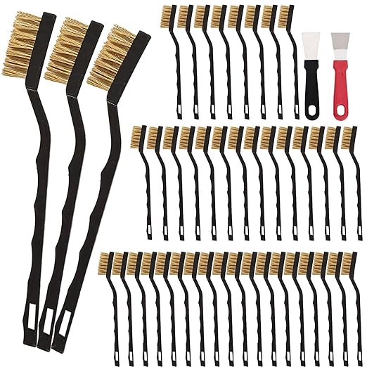Mini Wire Brush Pure Brass Copper Wire Brush Set, Curved Handle Masonry Brush Wire Brush for Cleaning Welding Slag and Rust (Brass 40 Pcs)