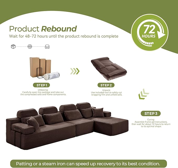 136" L-Shaped Cloud Modular Sectional Sofa with Chaise & Headrest, Boneless Deep Seat Plush Corduroy Couches for Large Living Room, No Assembly Required (Brown, 136" L-shapred Chaise)