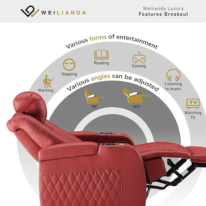 Weilianda Home Theater Seating Top Grain Leather Zero Gravity Recliner Chair Power Headrest Recline Movie Seat Gaming 7 Colors Mood Light Sofa with Tray Table USB Charge Row of 2 Loveseat Red