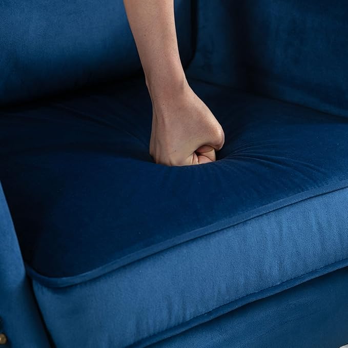 DM Furniture Mid-Century Accent Chair with Ottoman Modern Button Tufted Armchair Wingback Club Chair Velvet Single Sofa Lounge Chair with Pillow for Living Room Bedroom, Blue